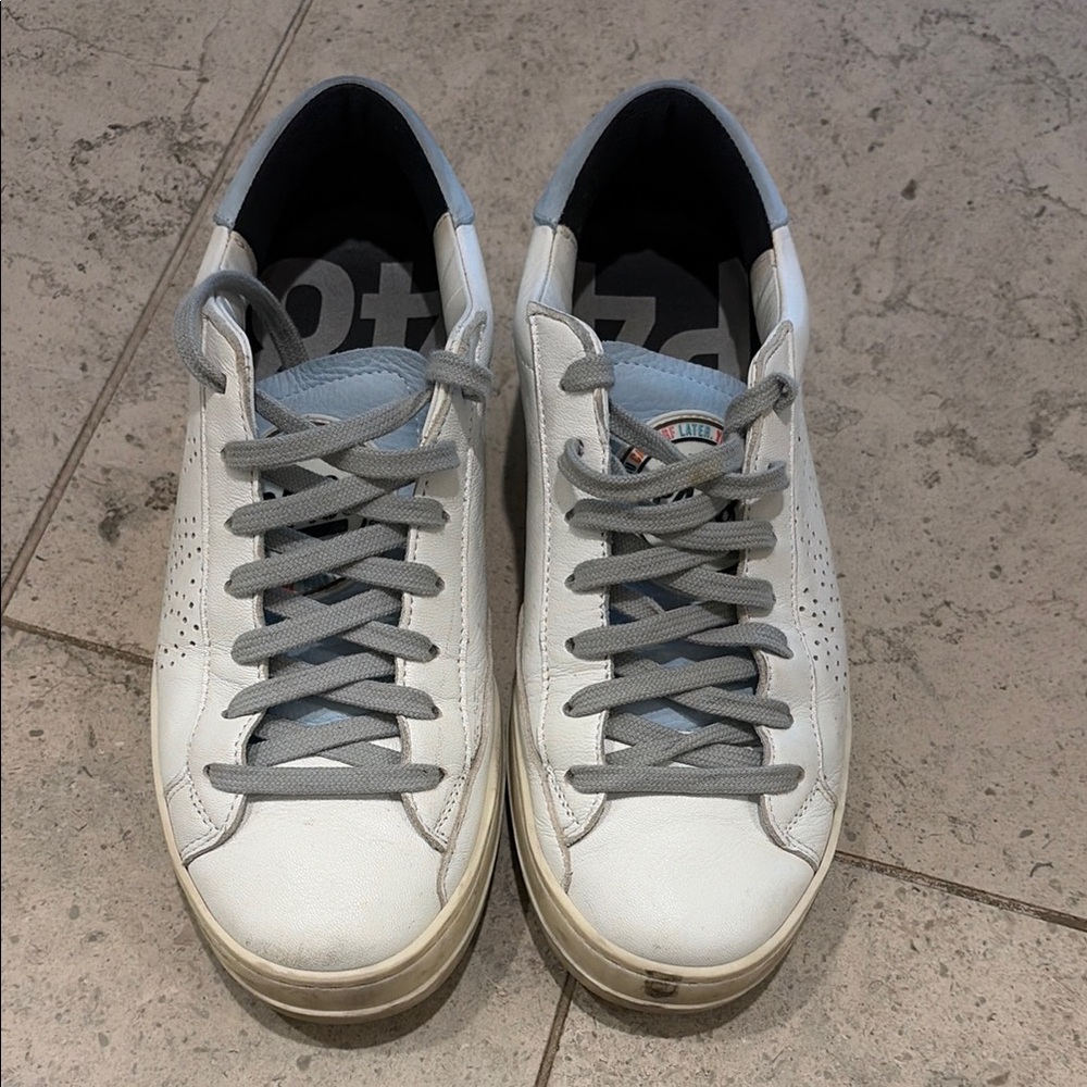 White Leather Sneakers with baby blue Accents